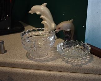 Beautiful  Art Pottery and Porcelain Dolphins plus Vintage Glass Fruit Compote in Colonial Federal Style and Vintage Colonial Style Bowl (almost appears Fostoria but it is not)