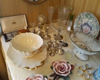 Lenox porcelain and Sterling Silver candleholders, salt & pepper shakers, compote dish, and vase.