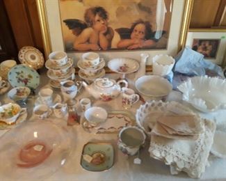 Porcelain, pink depression glass. vintage linens, milk glass, art, and more.