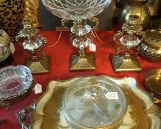 Hollywood Regency candleholders, fruit compote, candy dish, and ashtray.