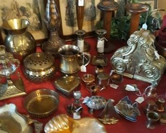 Many vintage brass and wood decor, including a couple of doll house copper pot sets.