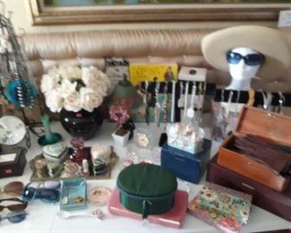 Costume jewelry, jewelry boxes, trinket boxes, Hollywood Regency dresser trays, sunglasses, hats, gloves, and more.