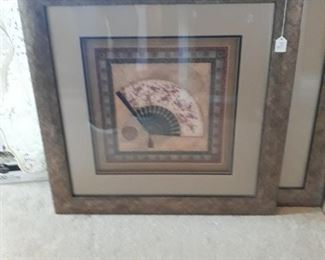 Pair of oriental fan prints - nicely framed and matted.