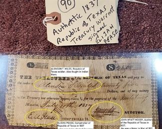1837 Republic of Texas warrant signed by Elisha Pease who would later twice be elected governor