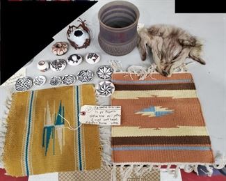 Native american acoma pottery, wolfhead, rugs etc