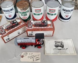 Texaco oil cans, metal tanker banks