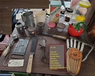 Gilchrist Ice Cream scoop, knife holder, 1920s egg beater, old jelly jars, sifters, more