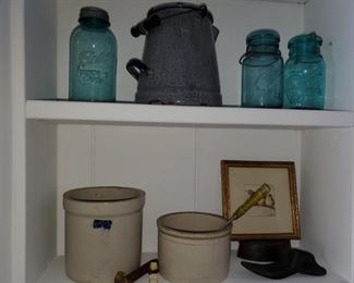 Ball blue jar,  crocks, stoneware, enamel ware 