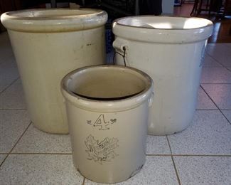 Louisville Pottery 10 gal crock,  4 gal Western crock. 12 gal Western crock