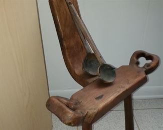 3 Leg stool, cast iron ladles, 