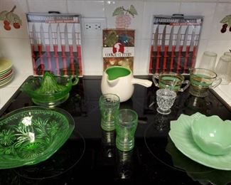 Green glassware,  Faberware knives, 