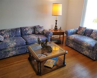 Floral Sofa, Stiffel Lamps, coffee table 