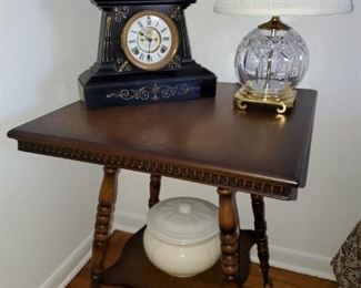 Vintage ball and claw table, Waterford Lamp, Ansonia Clock- 8 day time and strike, chamber pot  