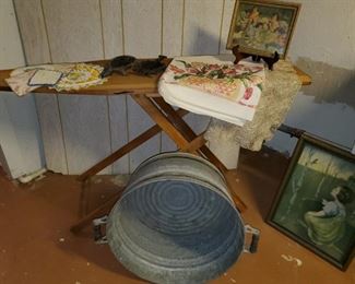 Vintage wash basin, wood ironing board, vintage linens,  vintage art 