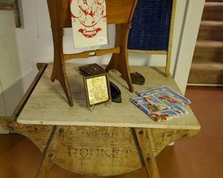 Laundry, drum,  rocket No# 151.  Covered with marble top for table.  Sewing table,  vintage linens 