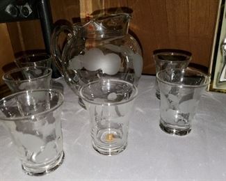 Vintage, bar ware, pitcher and matching glasses
