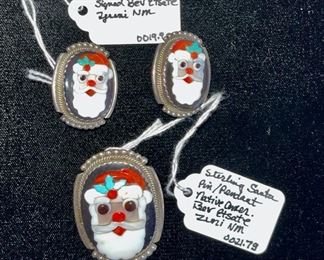 sterling Santa earrings & pendant signed Bev Etsate Zuni New Mexico