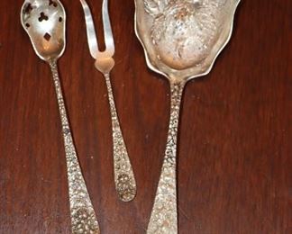 Stieff Rose Sterling - Berry spoon, Gravy Ladle(monogram), (2)Serving Spoons (monogram), Citrus Spoon, Cream Soup Spoon, (9) Ice Cream Sporks, (2) Cold Meat Forks, Salad Fork, Bacon Fork(monogram), Lettuce Fork, Heavy Serving Fork, Lemon Fork, Olive Spoon, (11) Butter Knives, Cake Knife, Cheese Knife, (2) Meat Carving Set (1 fork damaged), (11) Dinner Forks, (13) Salad Forks, (11) Ice Tea Spoons, (7) Teaspoons, (5) Soup Spoons, Sugar Spoon, Jelly Spoon, (7) Butter Spreaders(2-monogram).