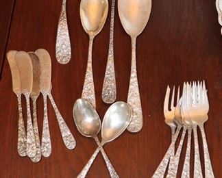 Stieff Rose Sterling - Berry spoon, Gravy Ladle(monogram), (2)Serving Spoons (monogram), Citrus Spoon, Cream Soup Spoon, (9) Ice Cream Sporks, (2) Cold Meat Forks, Salad Fork, Bacon Fork(monogram), Lettuce Fork, Heavy Serving Fork, Lemon Fork, Olive Spoon, (11) Butter Knives, Cake Knife, Cheese Knife, (2) Meat Carving Set (1 fork damaged), (11) Dinner Forks, (13) Salad Forks, (11) Ice Tea Spoons, (7) Teaspoons, (5) Soup Spoons, Sugar Spoon, Jelly Spoon, (7) Butter Spreaders(2-monogram).