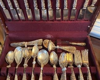 Stieff Rose Sterling - Berry spoon, Gravy Ladle(monogram), (2)Serving Spoons (monogram), Citrus Spoon, Cream Soup Spoon, (9) Ice Cream Sporks, (2) Cold Meat Forks, Salad Fork, Bacon Fork(monogram), Lettuce Fork, Heavy Serving Fork, Lemon Fork, Olive Spoon, (11) Butter Knives, Cake Knife, Cheese Knife, (2) Meat Carving Set (1 fork damaged), (11) Dinner Forks, (13) Salad Forks, (11) Ice Tea Spoons, (7) Teaspoons, (5) Soup Spoons, Sugar Spoon, Jelly Spoon, (7) Butter Spreaders(2-monogram).