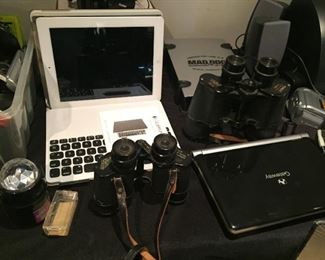 Binoculars and computer items.