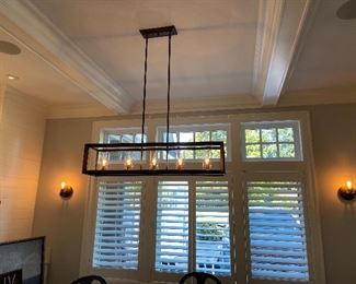 Five light 48"drop x 41"w aged bronze colored chandelier. not on site.   $240
