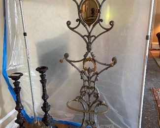 Iron with gold leaf painting hall tree and umbrella stand. 21 inches wide high 12 inches deep bye 81 high, approximately. $140