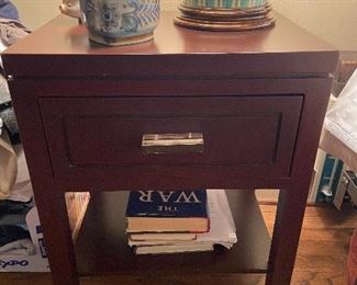 pair of bedside tables - no markings, acrylic and brass pulls. $220 as found light finish issue front edge