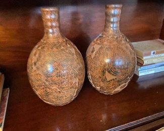 Pair of terra cotta etched Eucardoran urns $80