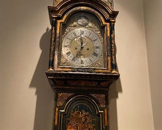 ca 1720 unique blue lacquer and gild tall case clock signed Step Lum, Chelmsford originally $40,000 97"h x 21 1/2"w and 9 1/2"  deep. 2007 appraisal $28,000  asking $6000 or best offer