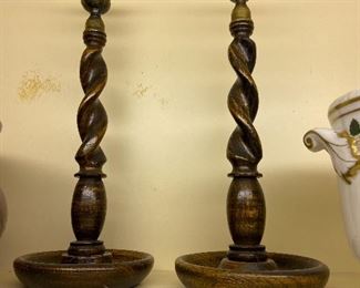 pair of wooden spindle style candlesticks $60