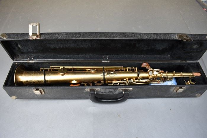 Vintage True-Tone Soprano Saxophone with the following imprinted on the Horn. "True-Tone trade mark registered LOW PITCH, License, Pat.d,   C. 19