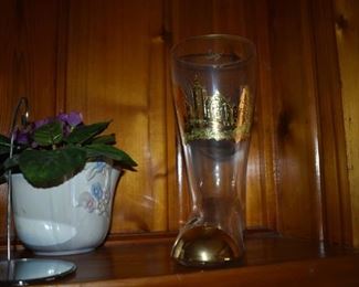 Vintage Glass Boot Stein with Enameled Gold 