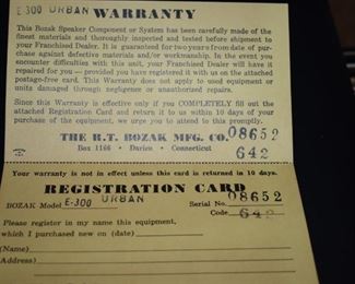 Original Warranty Card for the Bozak E-300 Urban