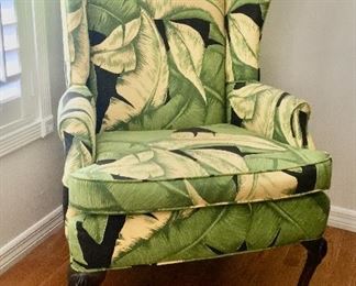 Queen Anne Style Wingback Chair with Tropical Upholstery 