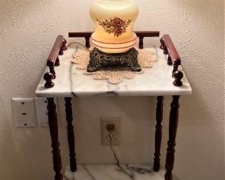 LOVELY ANTIQUE 3-WAY HURRICAN LAMP AND NICE MARBLE SIDE TABLE