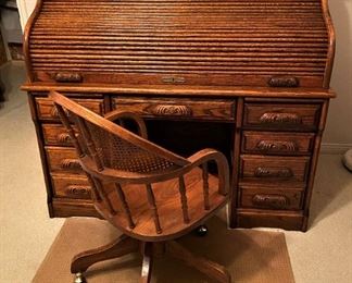 STUNNING ROLLTOP DESK (WITH KEY) BY FARGO AND WONDERFUL CHAIR.