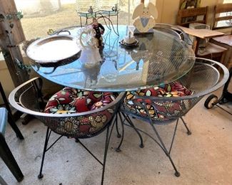 NICE WROUGHT IRON AND GLASS TABLE AND CHAIRS