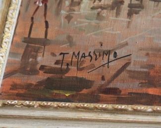 vintage oil painting on canvas Paris street scene signed T. Massimo  20 1/2" x 24 1/2" - $495