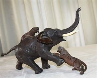 early 20th century Japanese bronze sculpture - Tigers attacking Elephant 16" x 11 1/2" tall - asking $750. 