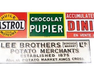 Lot of 4 Vintage Signs, to Include Castrol
Lot of four vintage metal signs, to include Castrol, chocolat pupier, Dinn, Lee Brothers Potato Merchants (English).
14 x 19.5/ largest