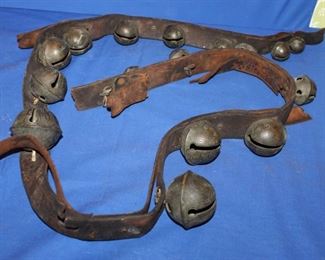 ANTIQUE BRASS SLEIGH PETAL BELLS ON LEATHER STRAP