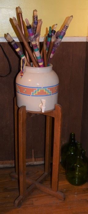 Water dispenser; pottery on wood stand
