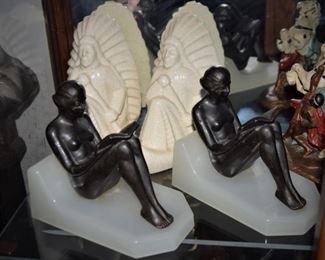 Art Deco Bronze and Marble Bookends and Vintage Native American Bookends