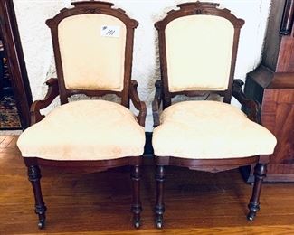 Pair of antique yellow chairs
Lightly spotted fabric 
19 W 35T seat height 18.5 T 
$185
