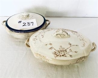 Casserole dishes
A- Blue and white 11 inches chipped lid $15
B- Bedford England cracked 12 inches wide $15