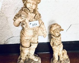 Vintage ceramic statues 
A - fisherman several chips 34 inches tall $35 
B- boy with dog several chips 20 inches tall $17