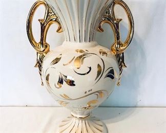 White and gold handled vase made in Italy 15.5 inches tall $125