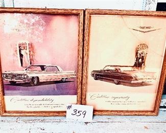 Pair of vintage Cadillac ads framed 
one  cracked glass $25