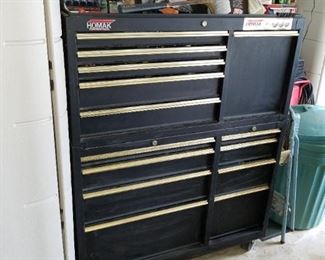 upright tool cabinet, loaded with tools